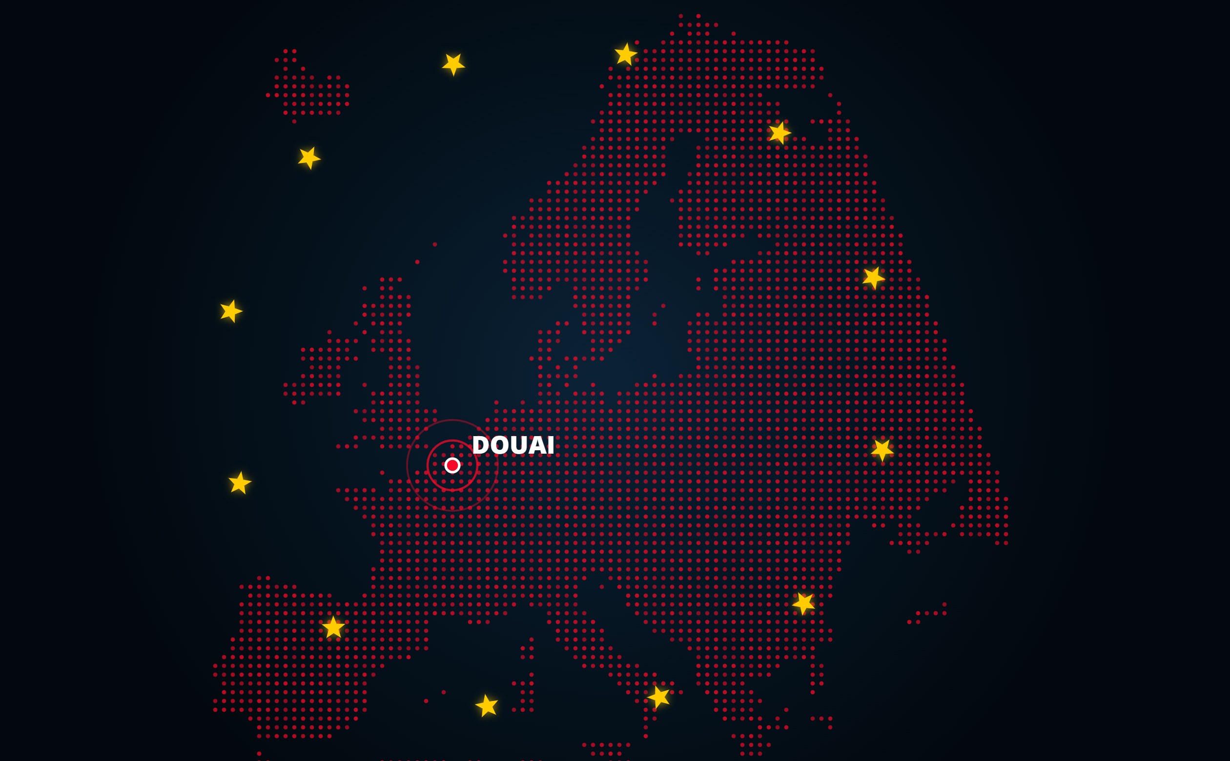 Carte de l’Europe en points rouges : Douai signalé, entouré des douze étoiles européennes